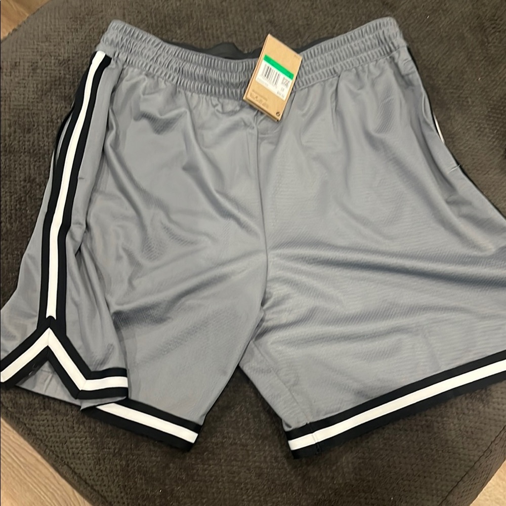 Light Gray Athletic Shorts with Black and White Stripes